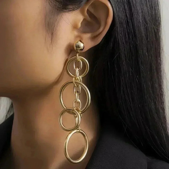 Dangle Earrings Hollow Circle To Circle (Color: Golden) - Picture 1 of 5